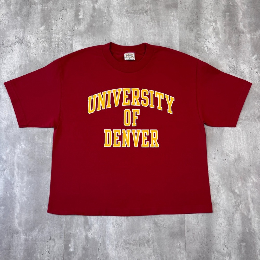 Vintage University of Denver Pioneers T-Shirt Mens L Red Gold College Graphic